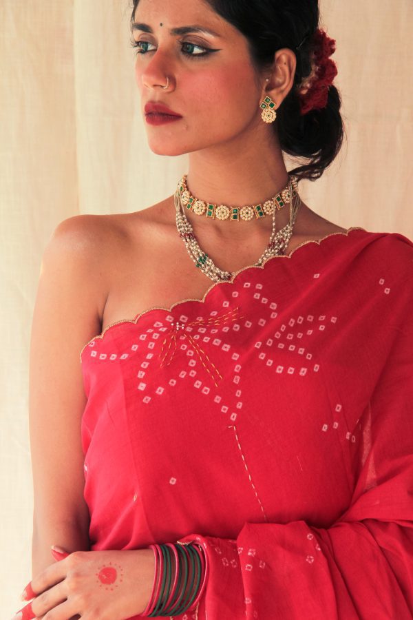 red bandhej saree