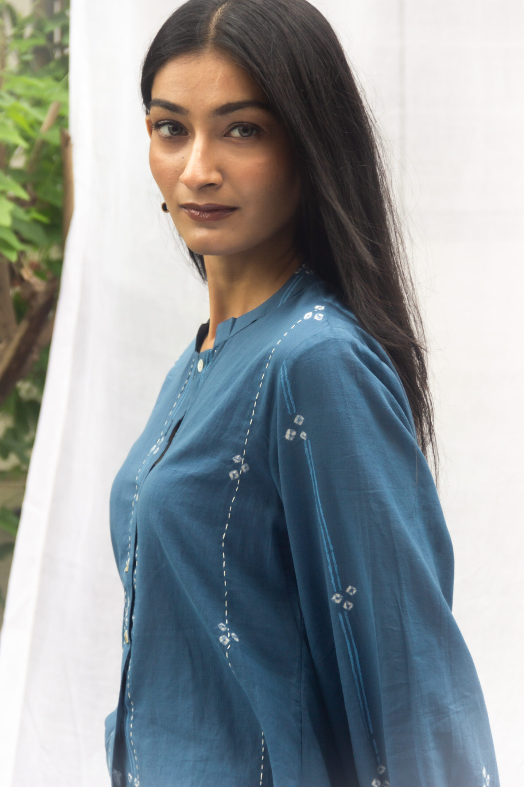 Moonlit River Blue Bandhej Top